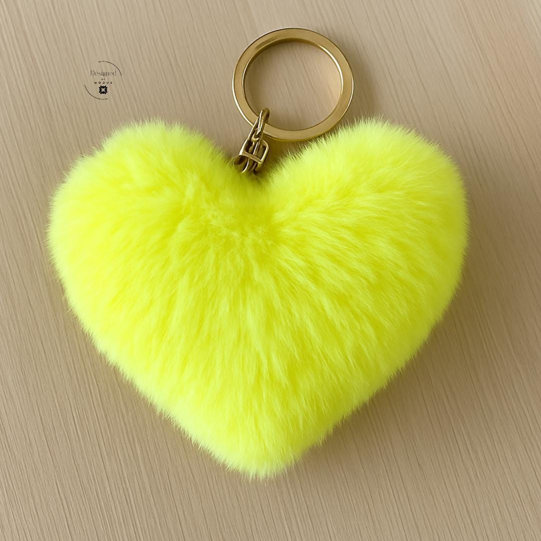 Yellow plush heart keychain soft faux fur