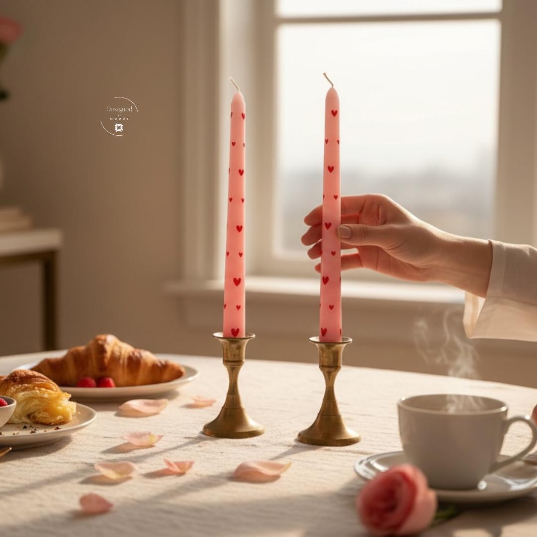 Valentine’s Day Heart Taper Candles – White with Black Hearts Candles – Romantic Table Decor – Valentine Gift Set