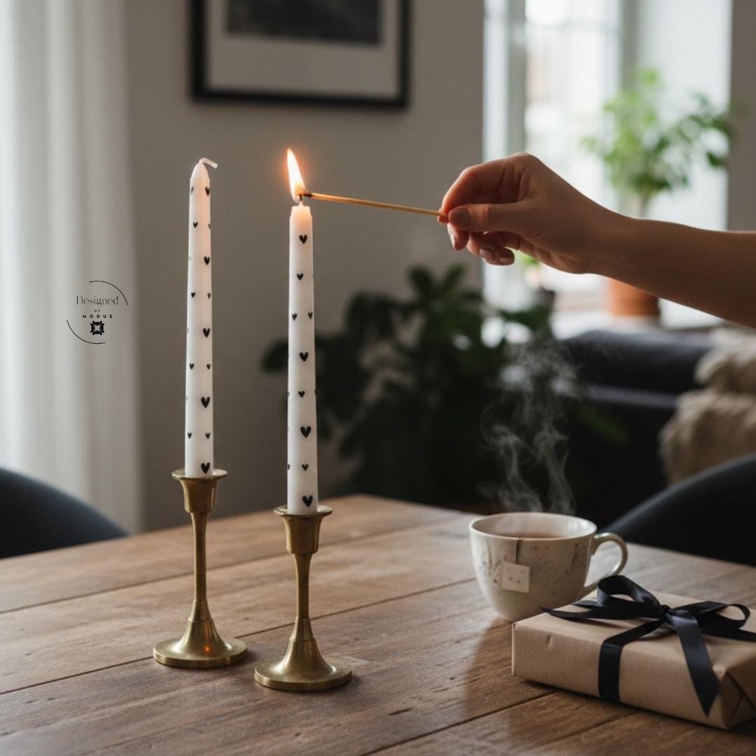 Valentine’s Day Heart Taper Candles – White with Black Hearts Candles – Romantic Table Decor – Valentine Gift Set