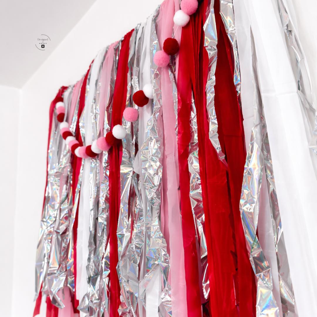 Red Fringe Garland Backdrop – Red Pink White Silver Tinsel Banner – Heart Party Decor – Photo Booth Background