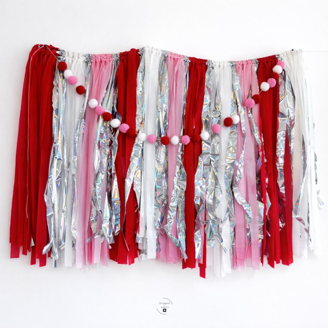 Red Fringe Garland Backdrop – Red Pink White Silver Tinsel Banner – Heart Party Decor – Photo Booth Background