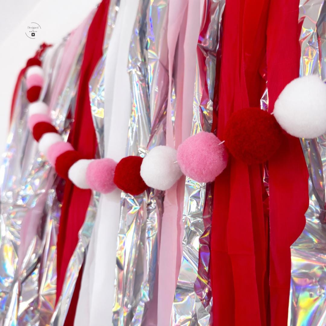 Red Fringe Garland Backdrop – Red Pink White Silver Tinsel Banner – Heart Party Decor – Photo Booth Background