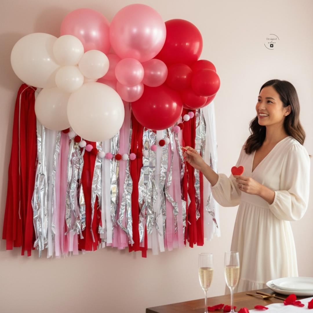 Red Fringe Garland Backdrop – Red Pink White Silver Tinsel Banner – Heart Party Decor – Photo Booth Background