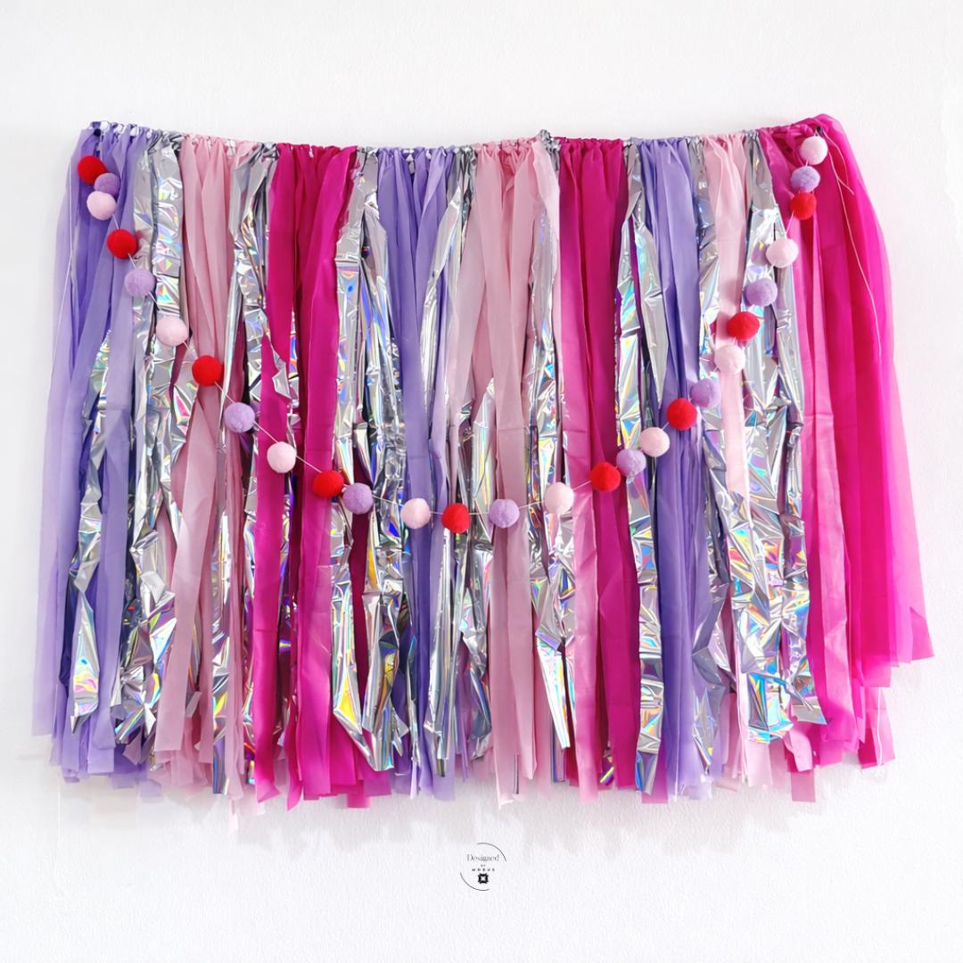 Pink Purple Fringe Garland Backdrop – Silver Tinsel Party Banner – Birthday Photo Booth Decor – Princess Unicorn Party Wall