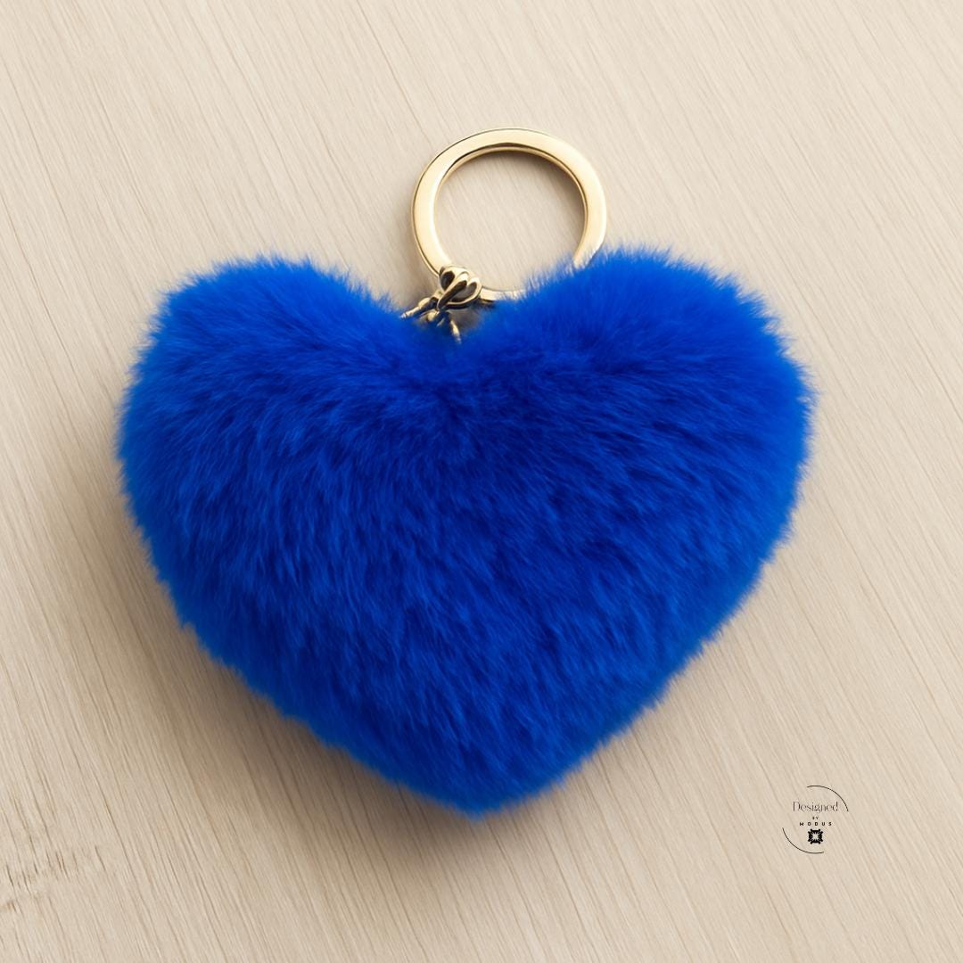 Blue plush heart keychain with gold ring hardware