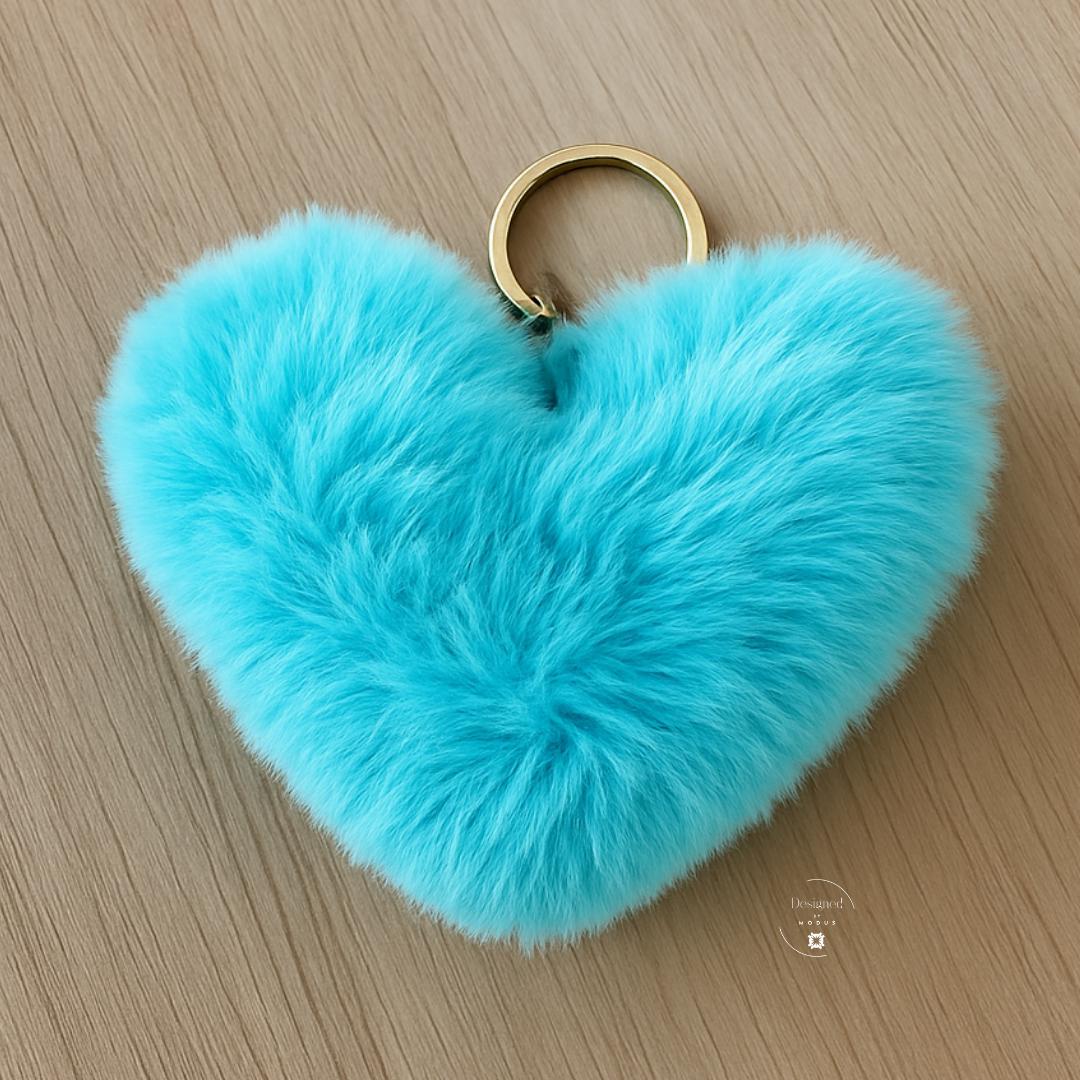 Teal fuzzy heart keychain with gold key ring