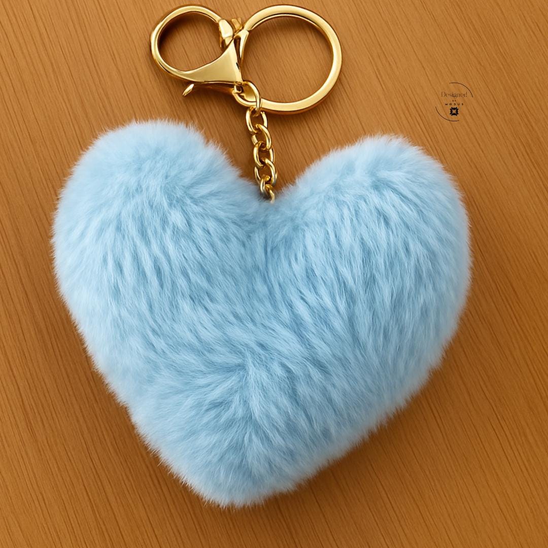 Light blue fuzzy heart bag charm with clasp