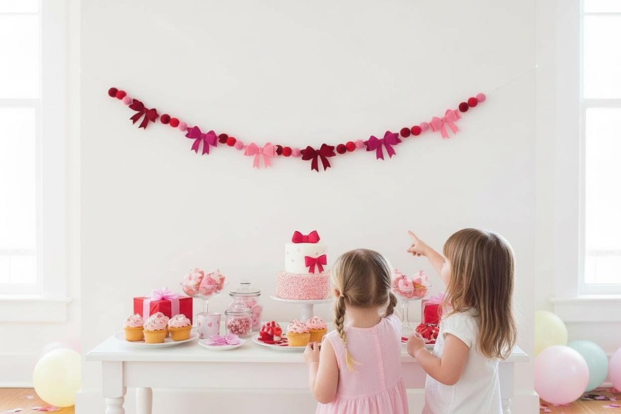 Pink Valentine Decoration Felt Heart Garland Bow Banner Wall Hanging Display Mantel Decor Holiday Party Backdrop Playroom Decoration Classroom Wall Accent Fluffy Design Collection Romantic Festive Banner Decorative String Display Cute