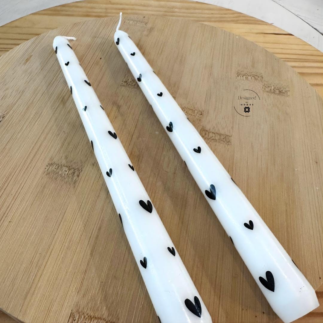 Valentine’s Day Heart Taper Candles – White with Black Hearts Candles – Romantic Table Decor – Valentine Gift Set
