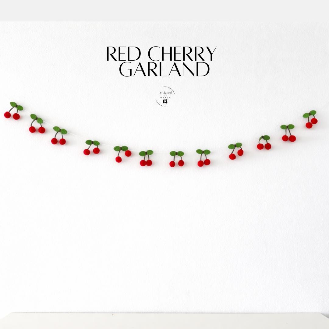 Felt Cherry Garland Kitchen Decoration Handmade Red Cherries Green Leaves String Hanging Wall Accent Summer Party Decor Fruit Themed Design Six Feet Long Rustic Country Style Home Accessory Whimsical Kitchen Display Cheerful Bright Colors