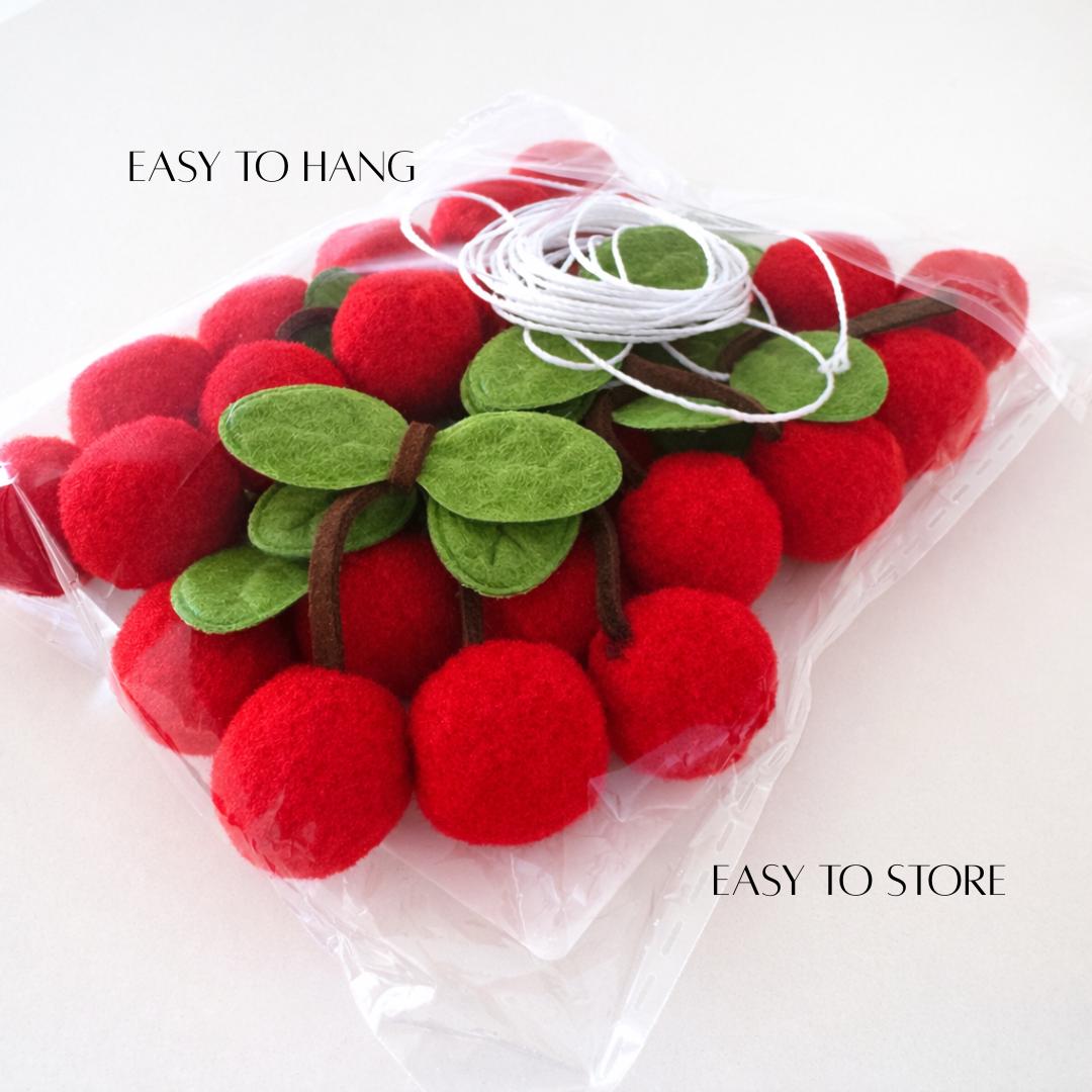 Felt Cherry Garland Kitchen Decoration Handmade Red Cherries Green Leaves String Hanging Wall Accent Summer Party Decor Fruit Themed Design Six Feet Long Rustic Country Style Home Accessory Whimsical Kitchen Display Cheerful Bright Colors
