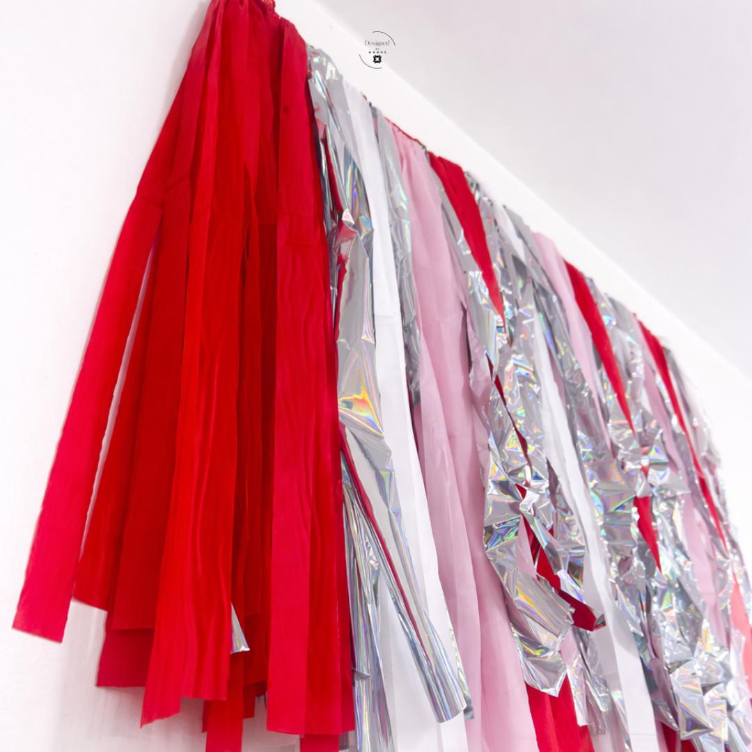 Red Fringe Garland Backdrop – Red Pink White Silver Tinsel Banner – Heart Party Decor – Photo Booth Background