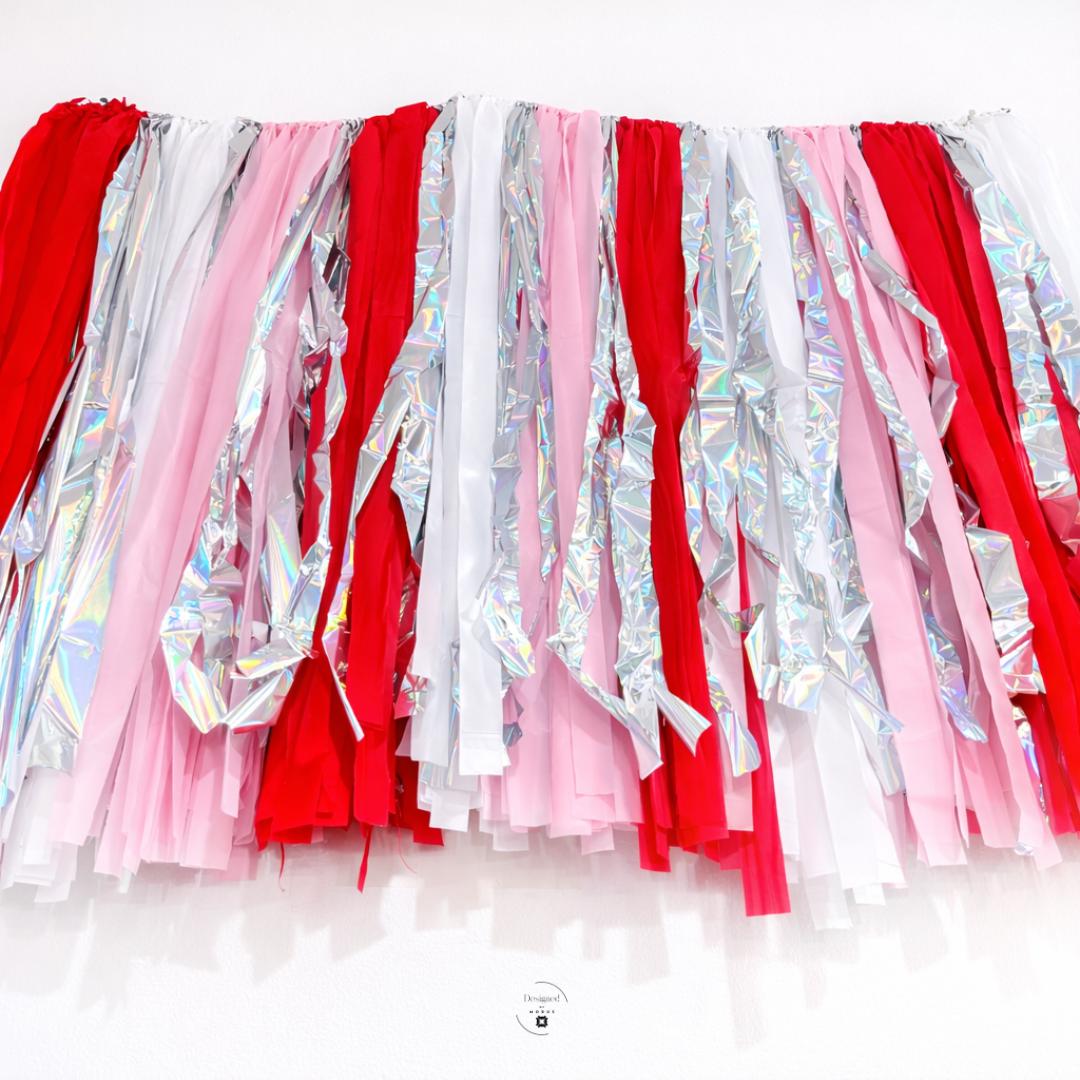 Red Fringe Garland Backdrop – Red Pink White Silver Tinsel Banner – Heart Party Decor – Photo Booth Background