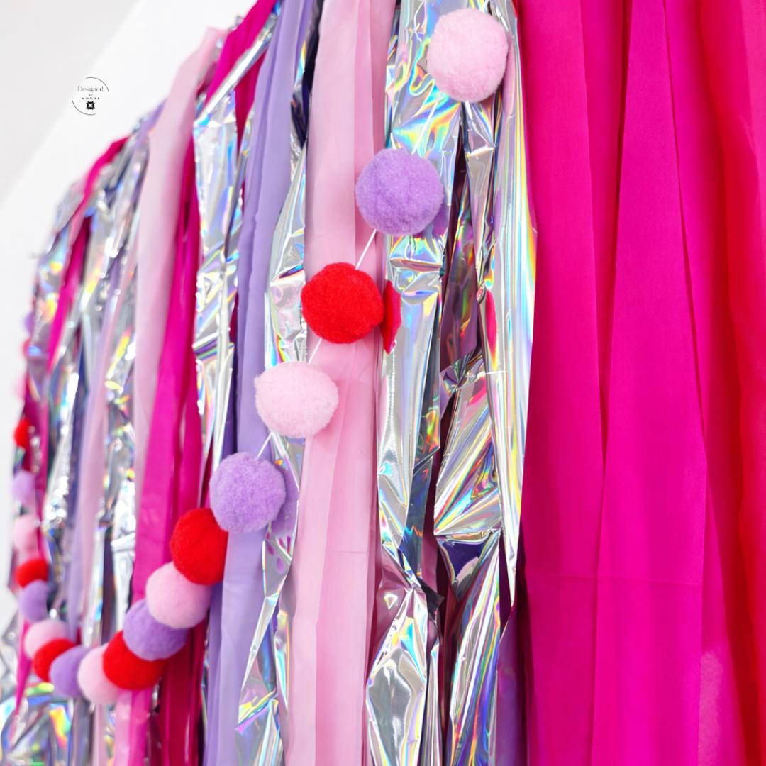 Pink Purple Fringe Garland Backdrop – Silver Tinsel Party Banner – Birthday Photo Booth Decor – Princess Unicorn Party Wall