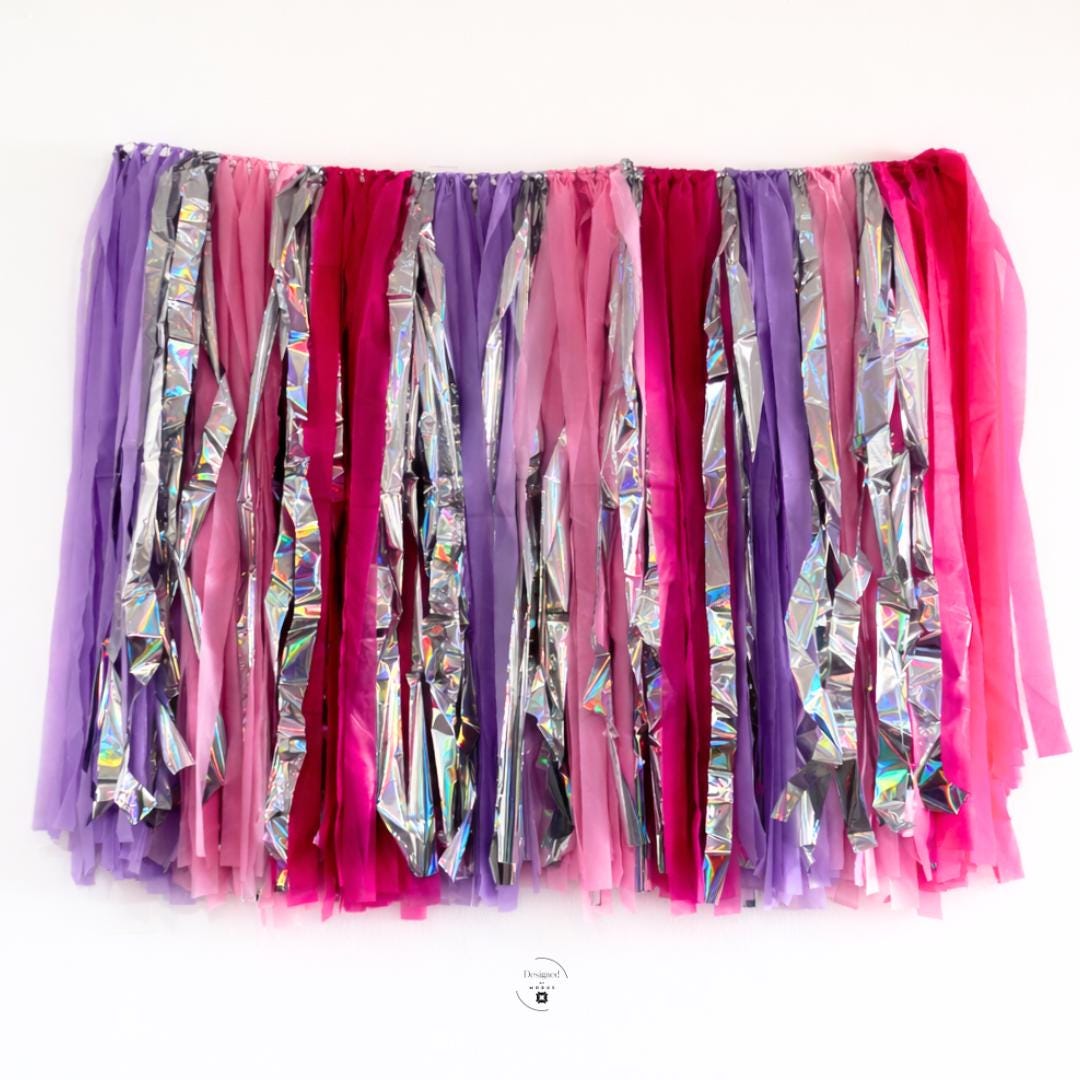 Pink Purple Fringe Garland Backdrop – Silver Tinsel Party Banner – Birthday Photo Booth Decor – Princess Unicorn Party Wall