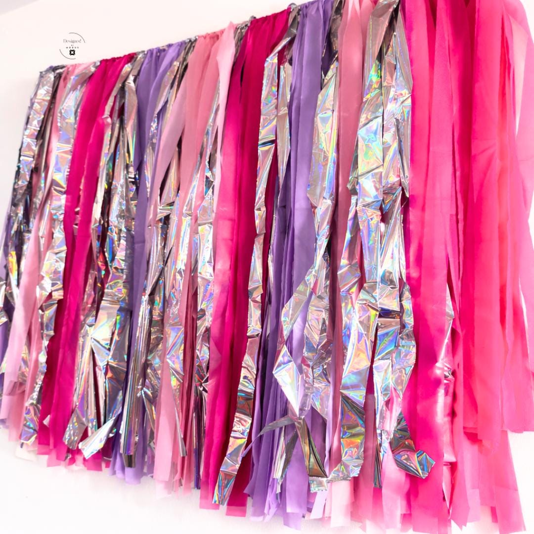 Pink Purple Fringe Garland Backdrop – Silver Tinsel Party Banner – Birthday Photo Booth Decor – Princess Unicorn Party Wall