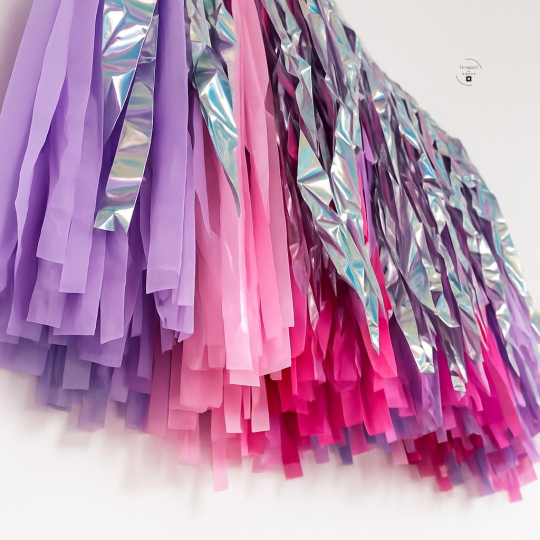 Pink Purple Fringe Garland Backdrop – Silver Tinsel Party Banner – Birthday Photo Booth Decor – Princess Unicorn Party Wall