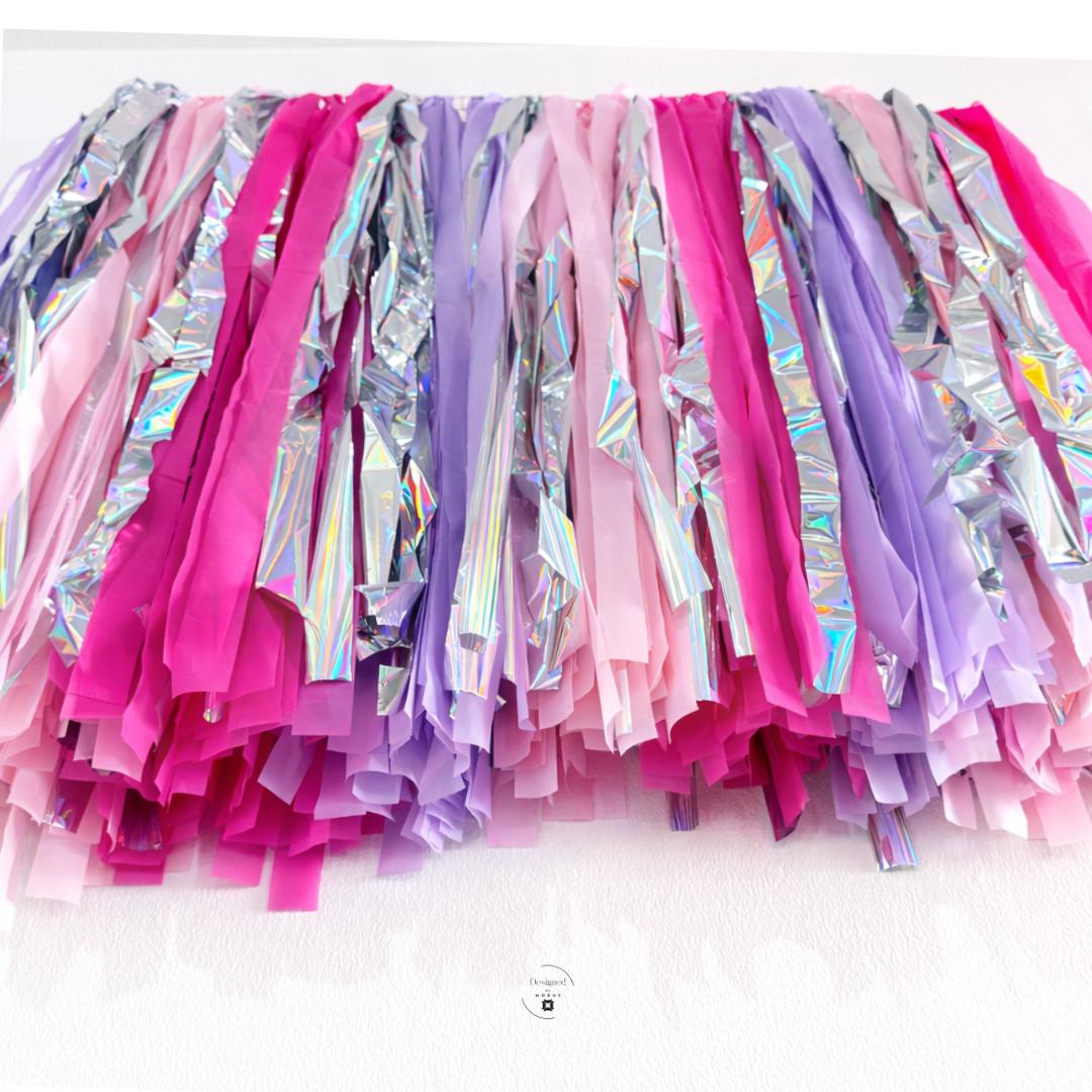Pink Purple Fringe Garland Backdrop – Silver Tinsel Party Banner – Birthday Photo Booth Decor – Princess Unicorn Party Wall