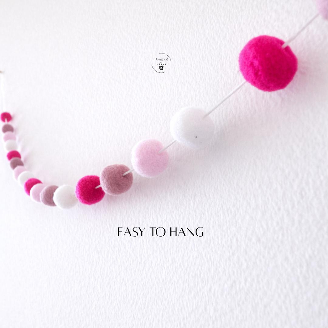 Hot Pink Light Pink White Felt Ball Garland Valentine Day Decoration Wall Hanging Pom Pom String Romantic Home Decor Accent Piece Handmade Wool Balls Banner Festive Holiday Design Girls Bedroom Decoration Playful Colorful Nursery Addition