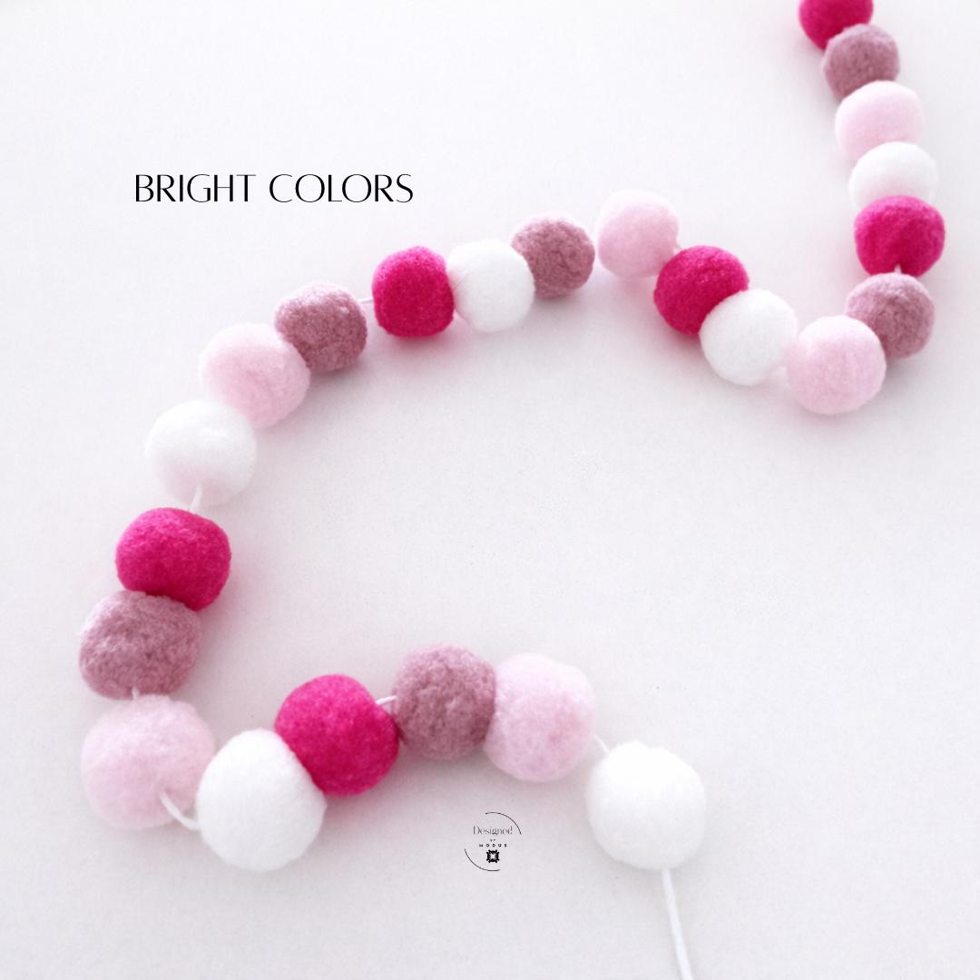 Party Backdrop Felt Ball Garland Hot Pink Light Pink White Pom Pom String Celebration Decoration Photo Background Handmade Wool Balls Banner Event Decor Accent Piece Birthday Party Accessory Baby Shower Decoration Playful Colorful Design