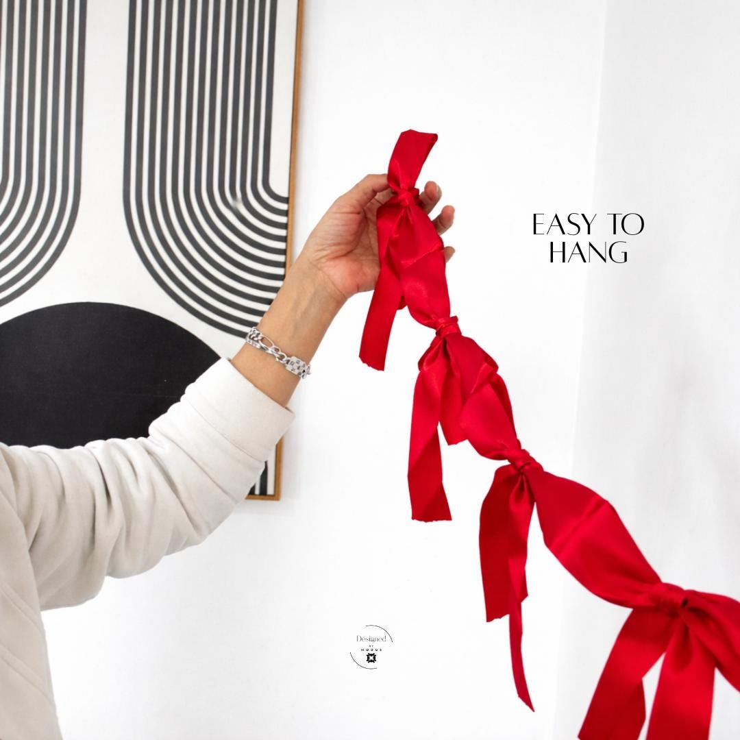 Lightweight red ribbon banner easy to hang-Valentine Celebration Banner Red Bow Garland Romantic Party Decoration Festive Event Decor Silky Ribbon String Wall Hanging Elegant Display Setup Wedding Backdrop Option Table Accent Piece Heart Themed Design Adjustable Length Feature