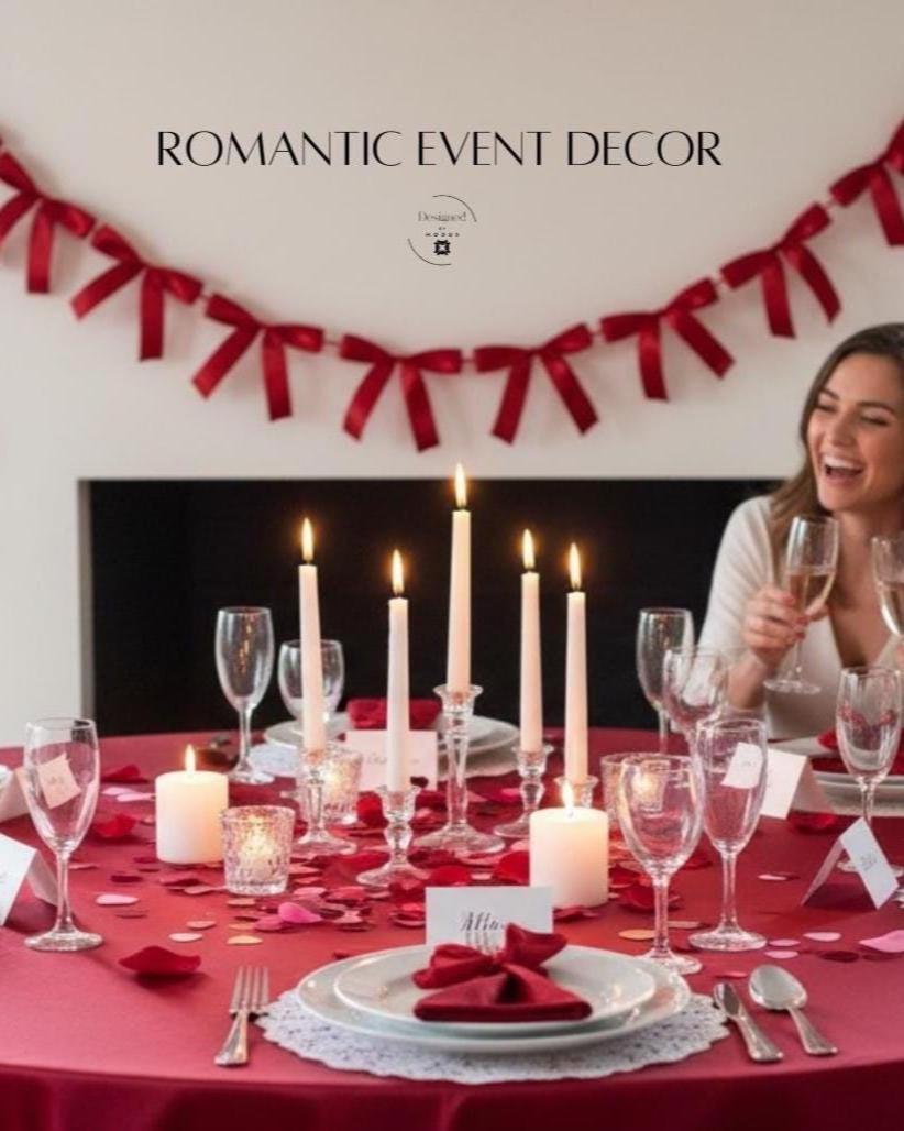 Romantic red ribbon garland styled above dining table-Silky Ribbon Bow Banner Red Valentine Garland Romantic Wedding Backdrop Event Decoration String Hanging Wall Accent Festive Party Decor Elegant Display Setup Love Celebration Decorative Element Table Runner Alternative Mantel Styling