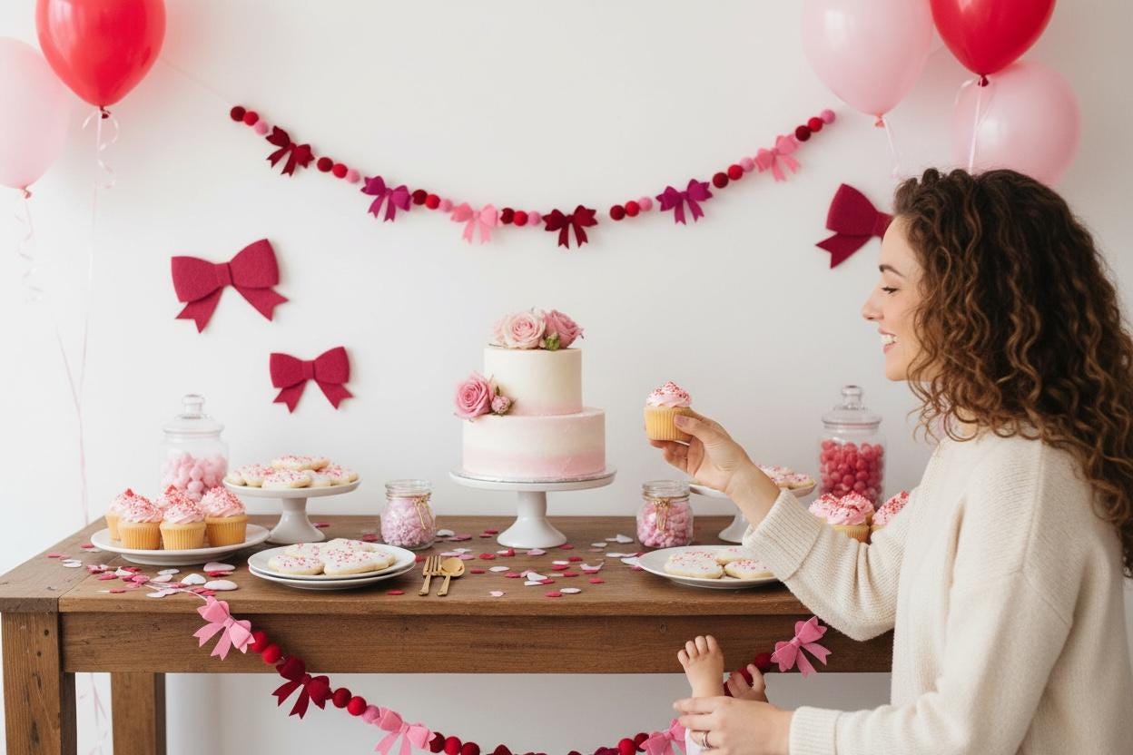 Felt bow and pom pom garland detail pink red birthday garland-Pink Valentine Decoration Felt Heart Garland Bow Banner Wall Hanging Display Mantel Decor Holiday Party Backdrop Playroom Decoration Classroom Wall Accent Fluffy Design Collection Romantic Festive Banner Decorative String Display Cute