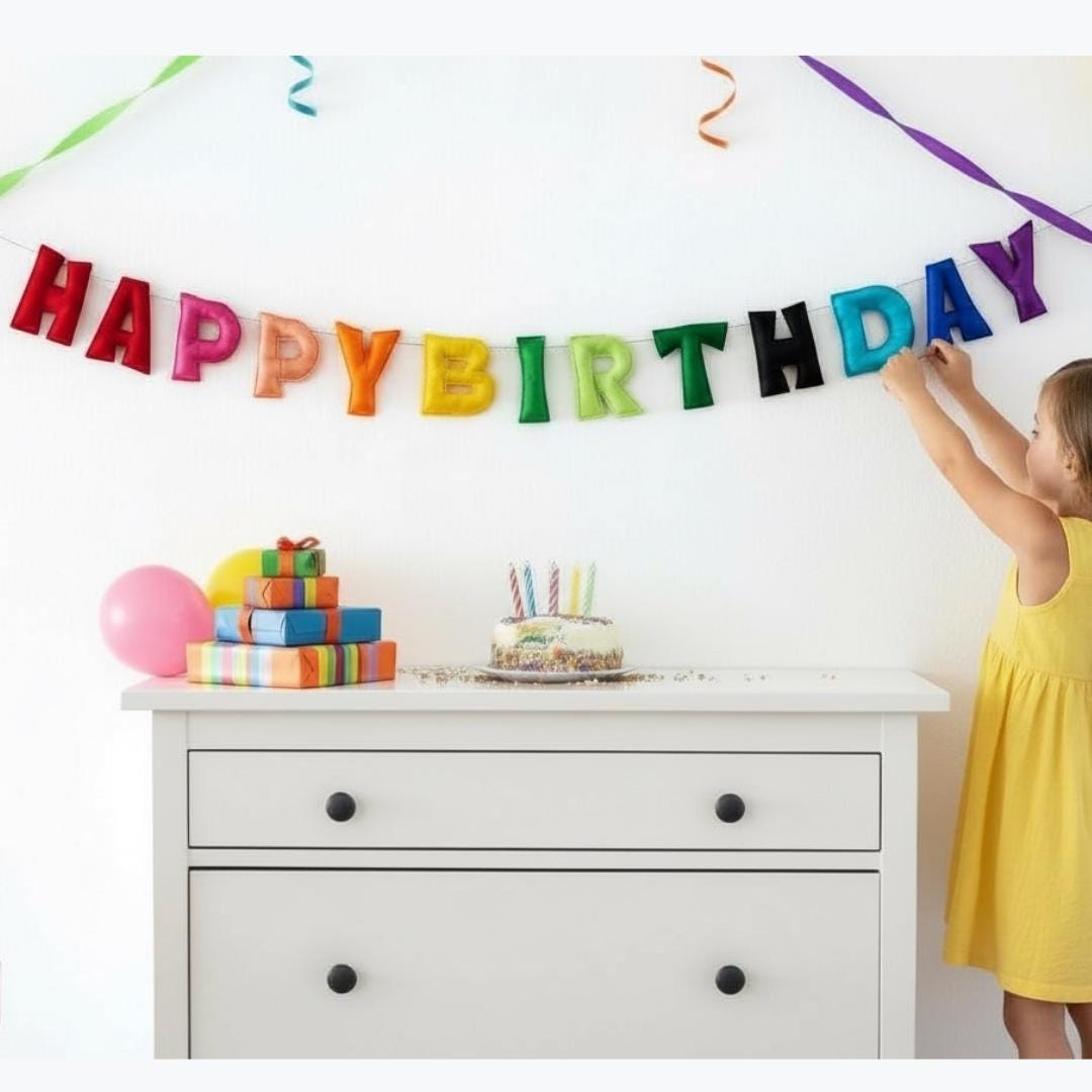 Happy Birthday Banner – Rainbow Felt Letter Garland – Reusable Birthday Decor – Kids Party Wall Banner