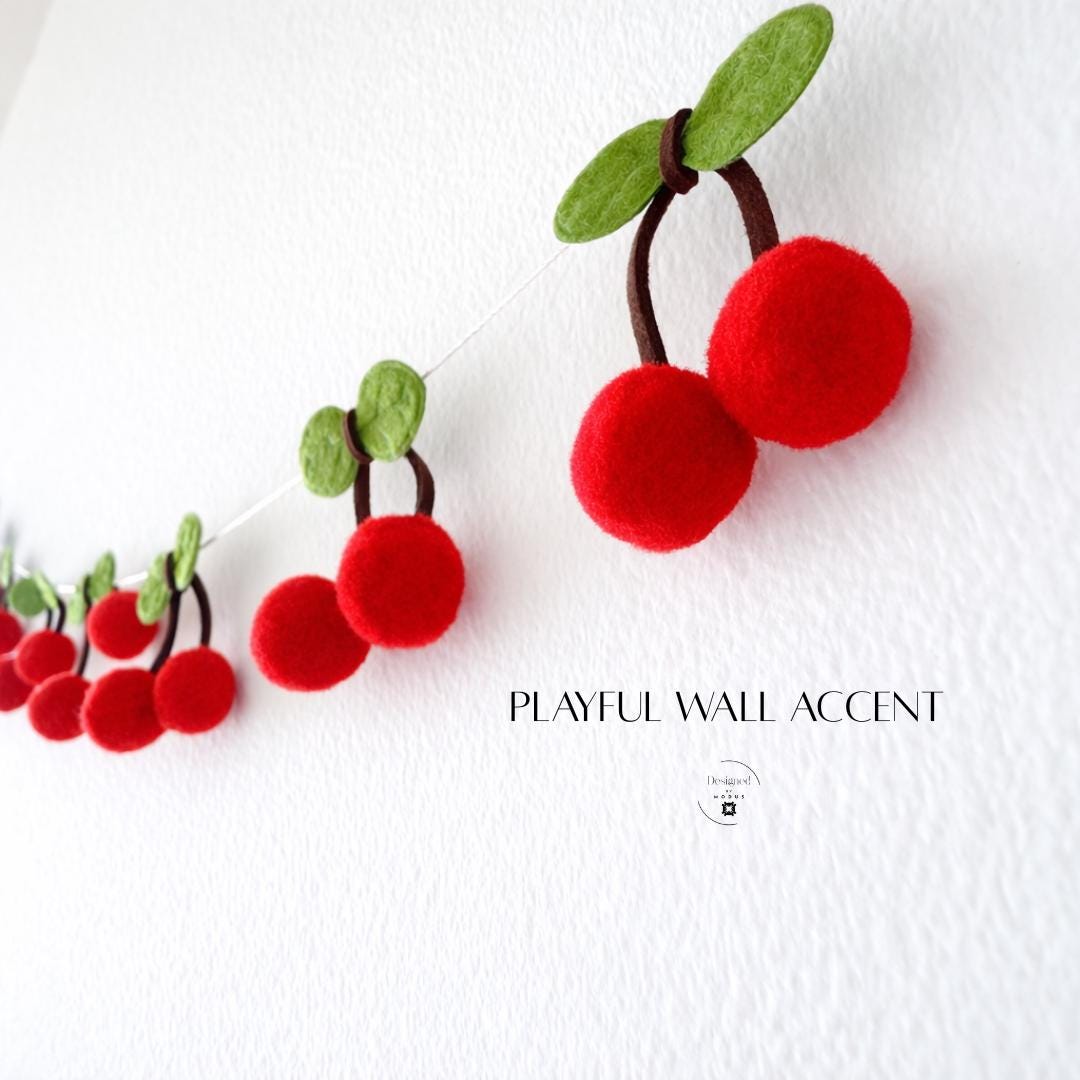 Handcrafted Felt Garland Twelve Red Cherries Green Leaves Design Kitchen Wall Decoration Farmhouse Style Accent Six Feet Long String Summer Home Decor Rustic Country Aesthetic Fruit Themed Hanging Whimsical Kitchen Touch Cheerful Bright