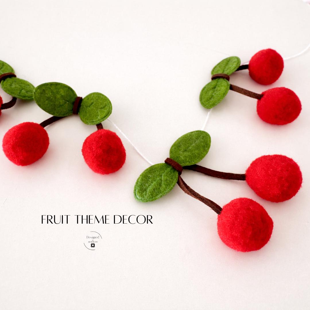 Versatile Cherry Decoration Felt Fruit Garland Kitchen Wall Accent Farmhouse Style Design Red Cherries Green Leaves String Six Feet Long Hanging Display Summer Party Decor Rustic Country Aesthetic Whimsical Home Touch Cheerful Bright Colors