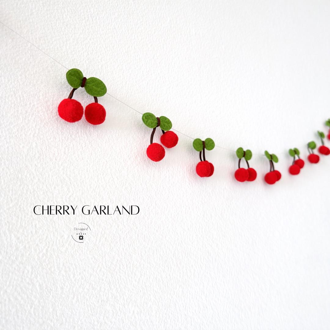 Farmhouse Style Cherry Garland Rustic Kitchen Decoration Felt Fruit Hanging Twelve Red Cherries Green Leaves Country Home Accent Wall Display Summer Decor Six Feet Long String Cheerful Kitchen Accessory Handmade Design Quality Whimsical