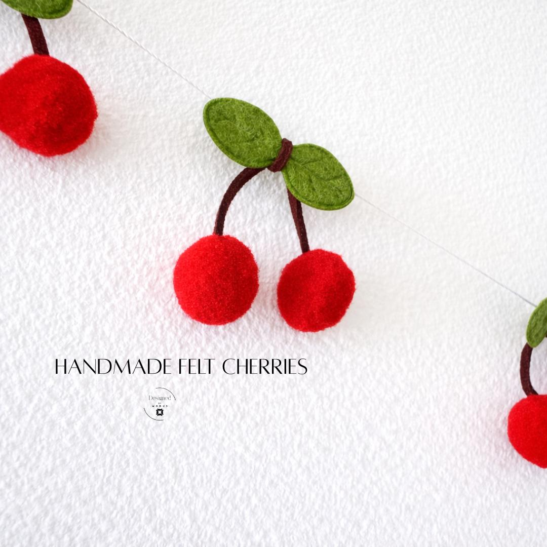 Summer Party Decoration Felt Cherry Garland Red Fruit Themed Design Kitchen Wall Hanging Festive Home Accent Farmhouse Style Decor Six Feet Long String Twelve Cherries Green Leaves Rustic Country Aesthetic Cheerful Bright Colors Seasonal
