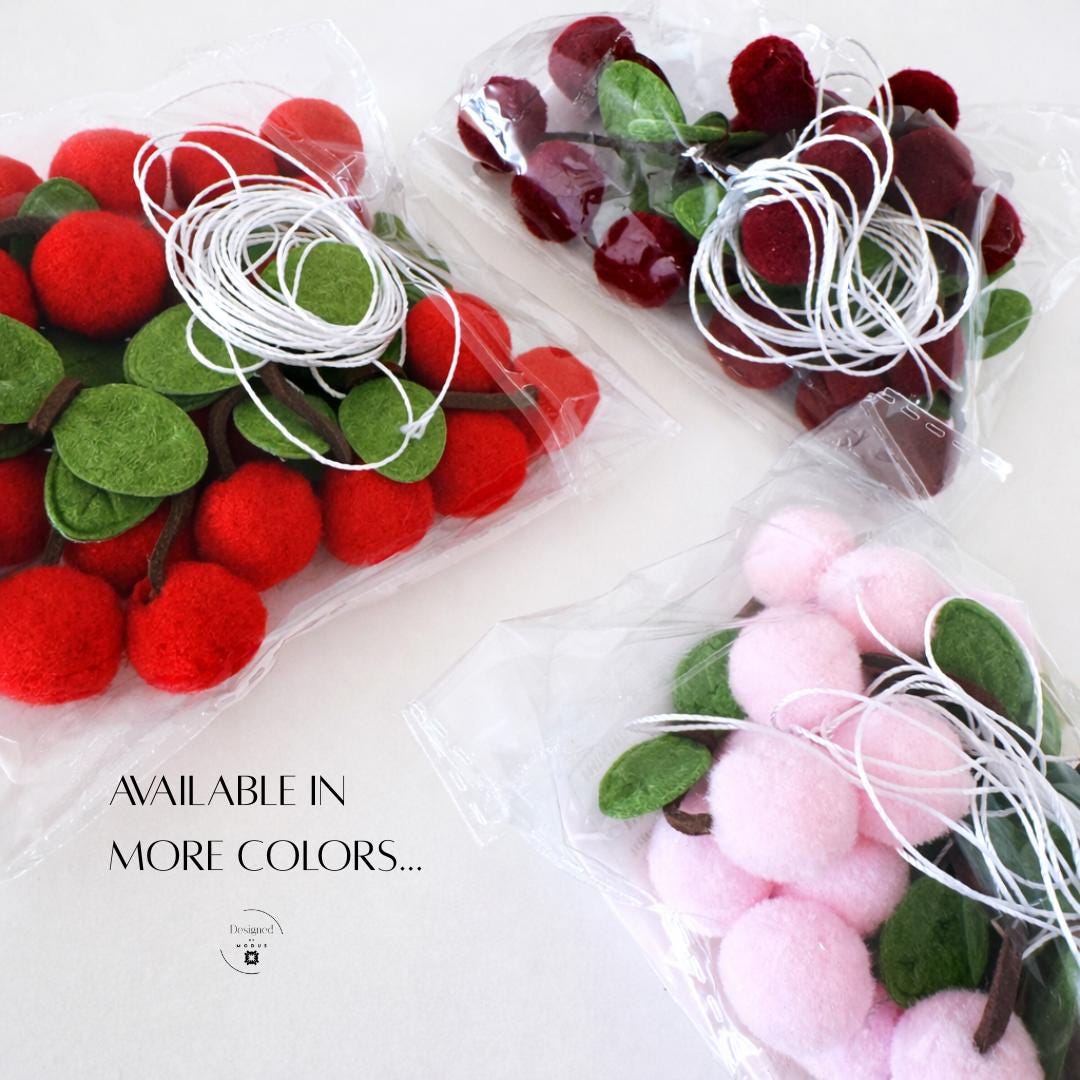 Farmhouse Style Cherry Garland Rustic Kitchen Decoration Felt Fruit Hanging Twelve Red Cherries Green Leaves Country Home Accent Wall Display Summer Decor Six Feet Long String Cheerful Kitchen Accessory Handmade Design Quality Whimsical