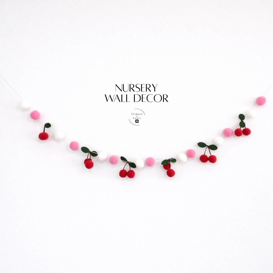 Handcrafted Felt Cherries Garland Kitchen Decoration Wall Hanging Accent Red Fruit String Design Rustic Farmhouse Style Summer Party Decoration Home Accessory Interior Styling Element Cheerful Character Addition Whimsical Kitchen Design