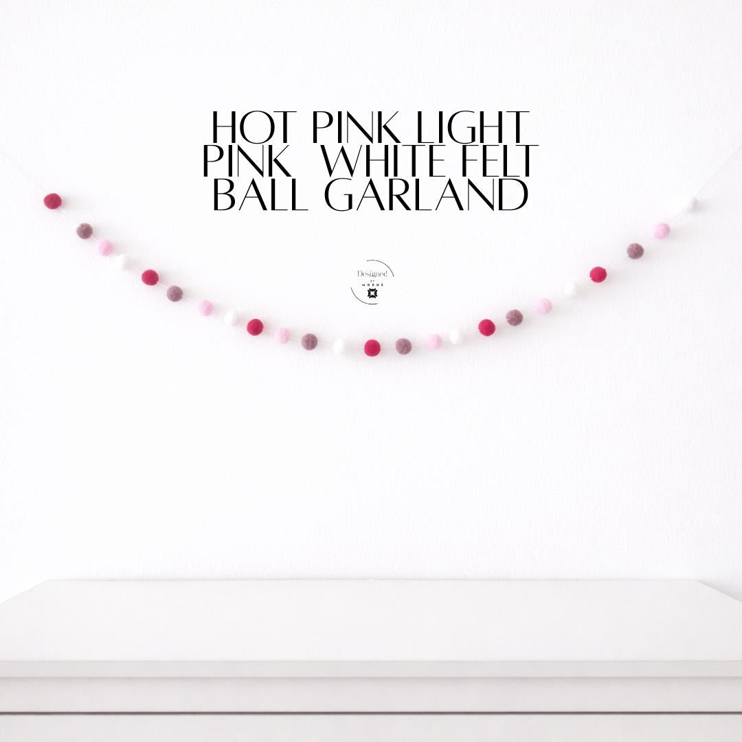 Felt Ball Garland Nursery Decor Wall Hanging Pom Pom String Hot Pink Light Pink White Decoration Baby Girl Room Accent Piece Handmade Wool Balls Banner Playful Colorful Design Lightweight Durable Reusable Party Backdrop Cute Modern Nursery
