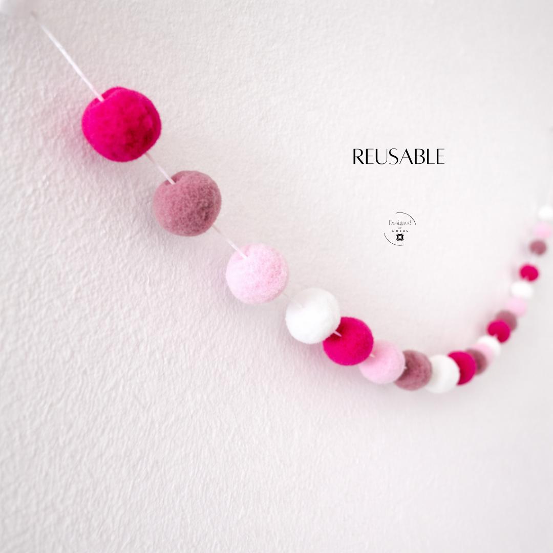 Wool Felt Ball Garland Home Decor Wall Hanging Hot Pink Light Pink White Pom Pom String Accent Piece Modern Interior Design Handmade Decorative Banner Girls Bedroom Accessory Playful Colorful Addition Nursery Wall Art Lightweight Durable