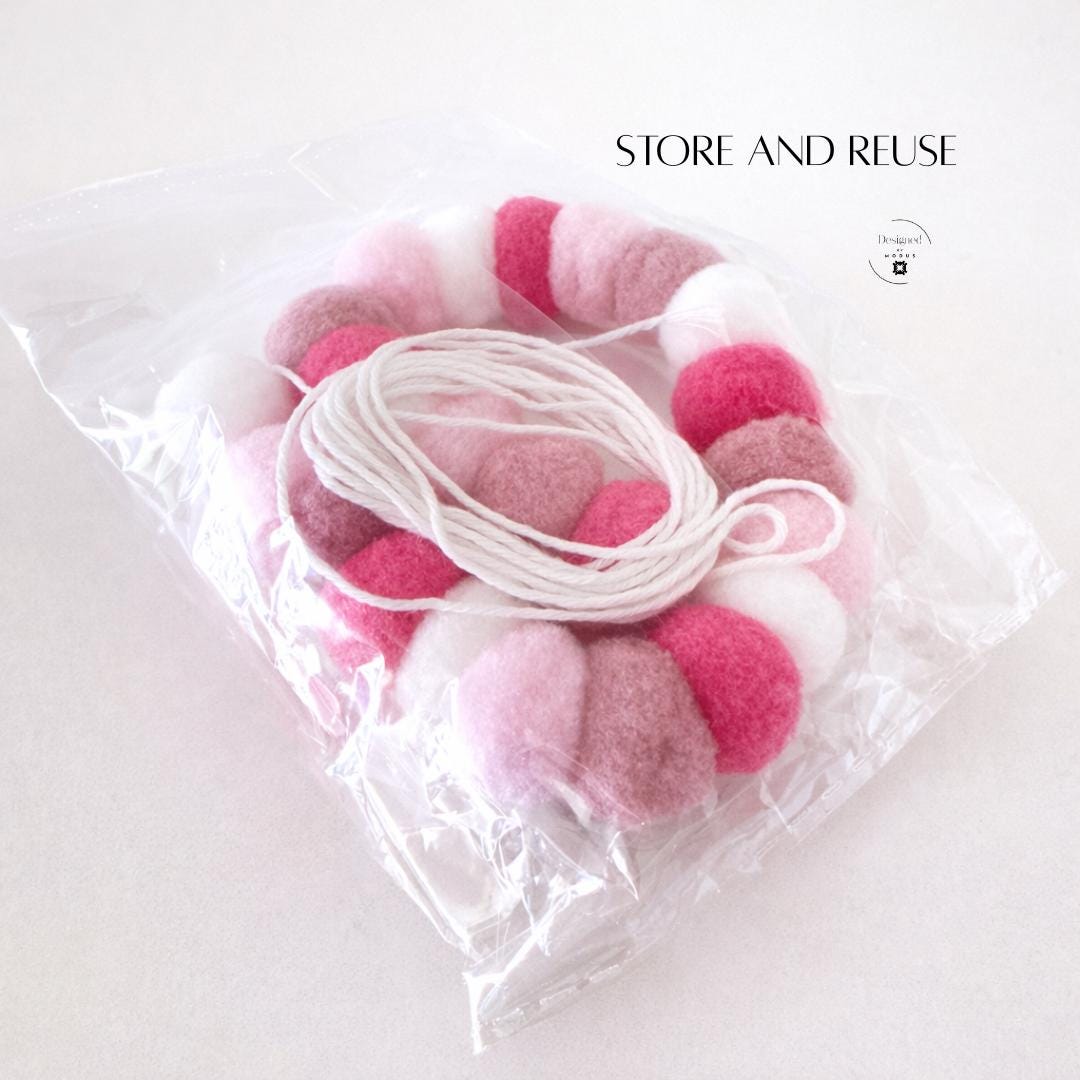 Handmade Wool Felt Ball Garland Hot Pink Light Pink White Pom Pom String Quality Crafted Decoration Nursery Decor Wall Hanging Baby Girl Room Accent Piece Soft Textile Art Playful Colorful Design Modern Home Accessory Lightweight Durable