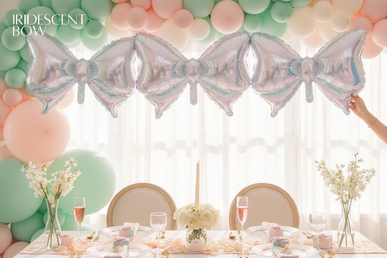 Iridescent Bow Balloon Garland Mylar Bow Banner Pastel Party Decor Birthday Baby Shower Bridal Shower Sweet Celebration Backdrop