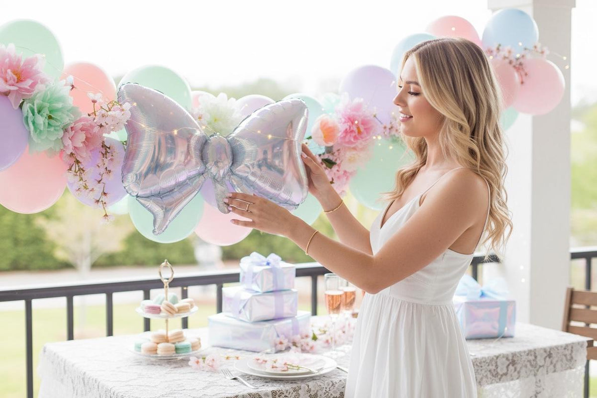 Iridescent Bow Balloon Garland Mylar Bow Banner Pastel Party Decor Birthday Baby Shower Bridal Shower Sweet Celebration Backdrop
