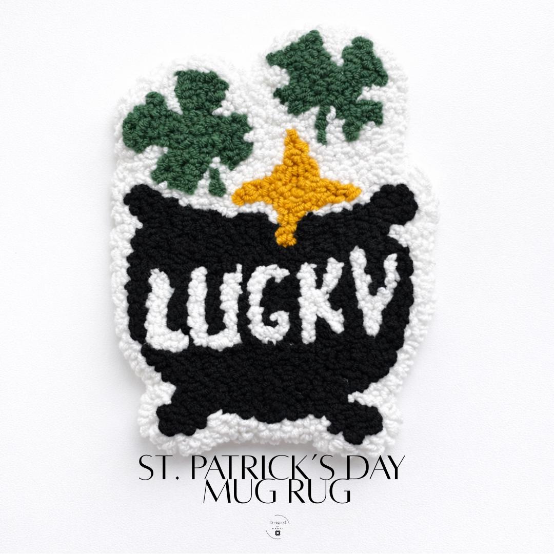 Holiday Beverage Pad Irish Drink Holder Patrick Day Coaster Kitchen Table Accessory Spring Celebration Decor Green Shamrock Design Cotton Fabric Material Lucky Cauldron Artwork Five Inch Square Traditional Symbol Gold Star Detail Festive