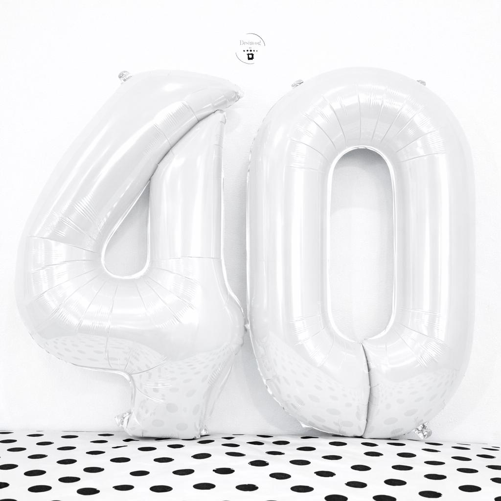 40th Birthday White  Number Balloons | 34 Inch Foil Decor Set