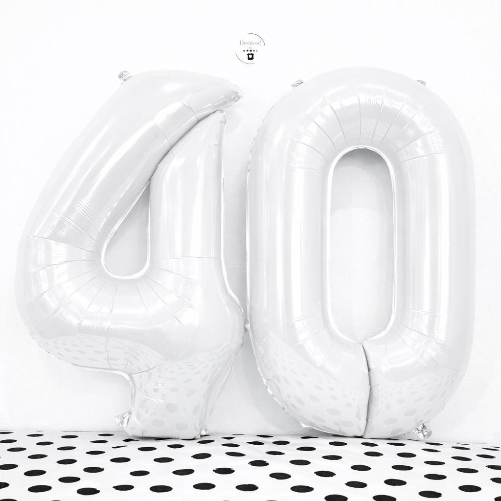 40th Birthday White  Number Balloons | 34 Inch Foil Decor Set