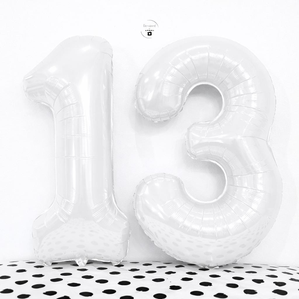 White Number 13 Foil Balloon | 34 Inch Teen Birthday Decor