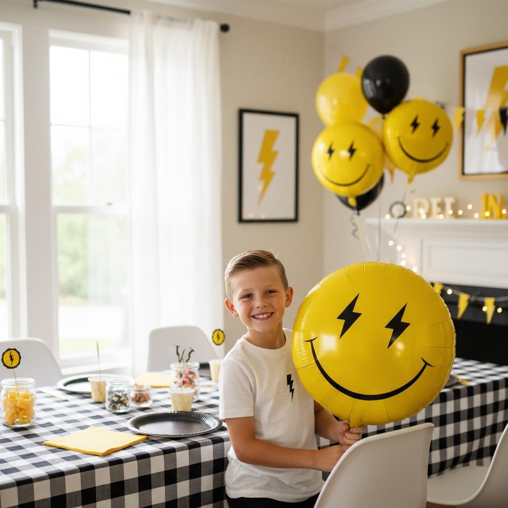 Party Decoration Balloon Yellow Smiley Face Design Lightning Eyes Expression Emoji Style Character Mylar Foil Material Eighteen Inch Size Birthday Celebration Supplies Festive Event Decor Room Accent Happy Mood Setting Photo Prop Background