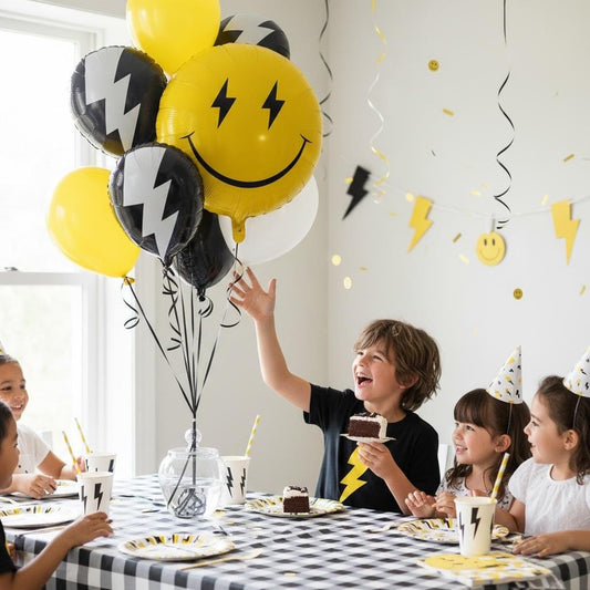 Emoji Face Balloon Yellow Smiley Design Lightning Bolt Eyes Expression Mylar Foil Material Large Eighteen Inch Size Round Shape Party Decoration Birthday Celebration Supplies Festive Event Decor Fun Character Themed Gathering Essential