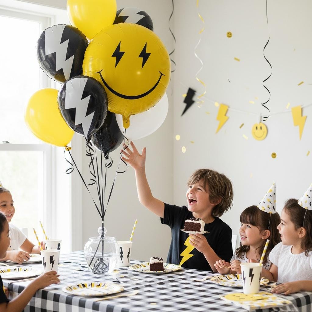 Emoji Face Balloon Yellow Smiley Design Lightning Bolt Eyes Expression Mylar Foil Material Large Eighteen Inch Size Round Shape Party Decoration Birthday Celebration Supplies Festive Event Decor Fun Character Themed Gathering Essential