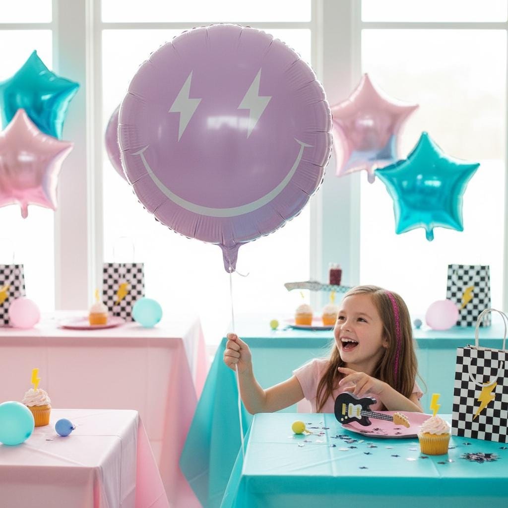 Birthday Celebration Lavender Balloon Lightning Eye Design Party Supply Metallic Purple Foil Round Shape Smiley Face Pattern Photo Prop Accessory White Happy Face Detail Eighteen Inch Size Curved Smile Feature Festive Decoration Event
