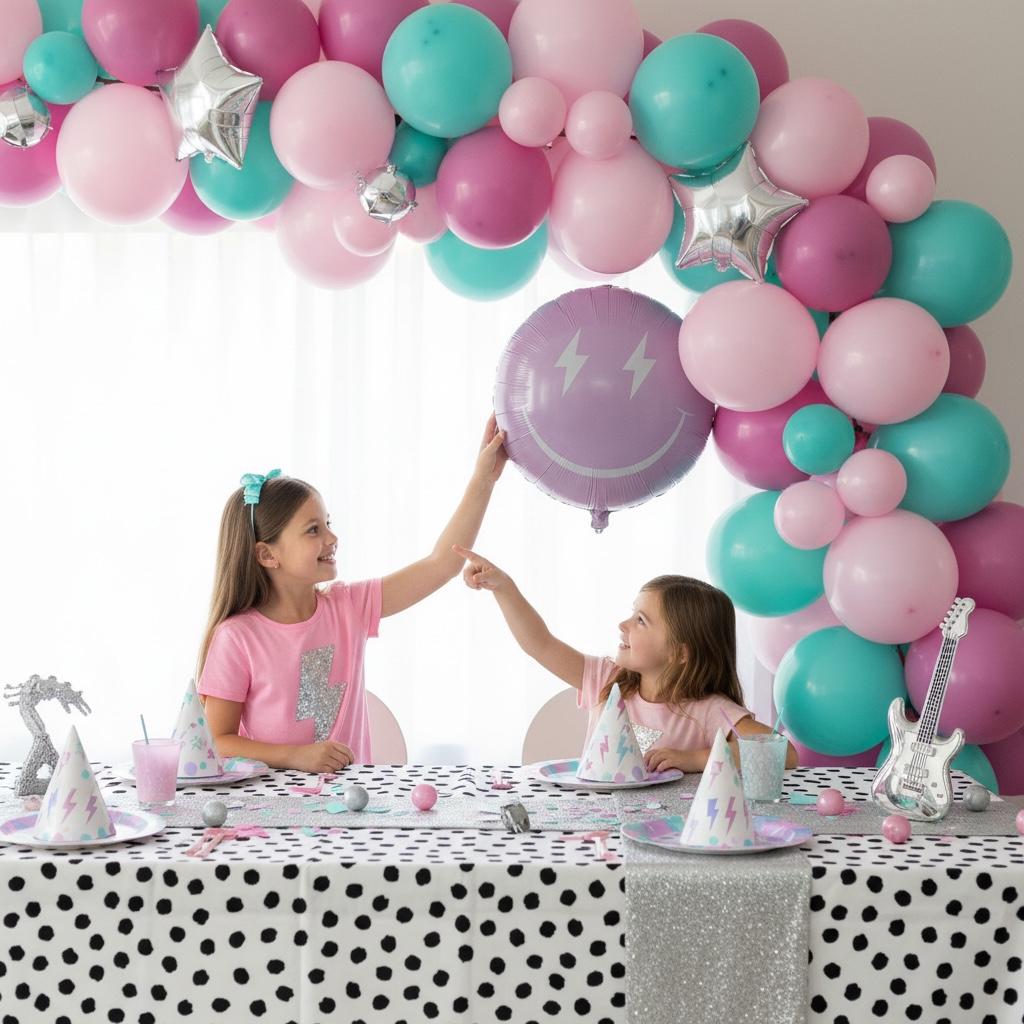 Metallic Lavender Balloon Smiley Design Lightning Bolt Eyes Feature Round Purple Foil Material Party Decoration Supply Birthday Celebration Accessory Photo Prop Background White Face Pattern Curved Smile Detail Eighteen Inch Size Festive