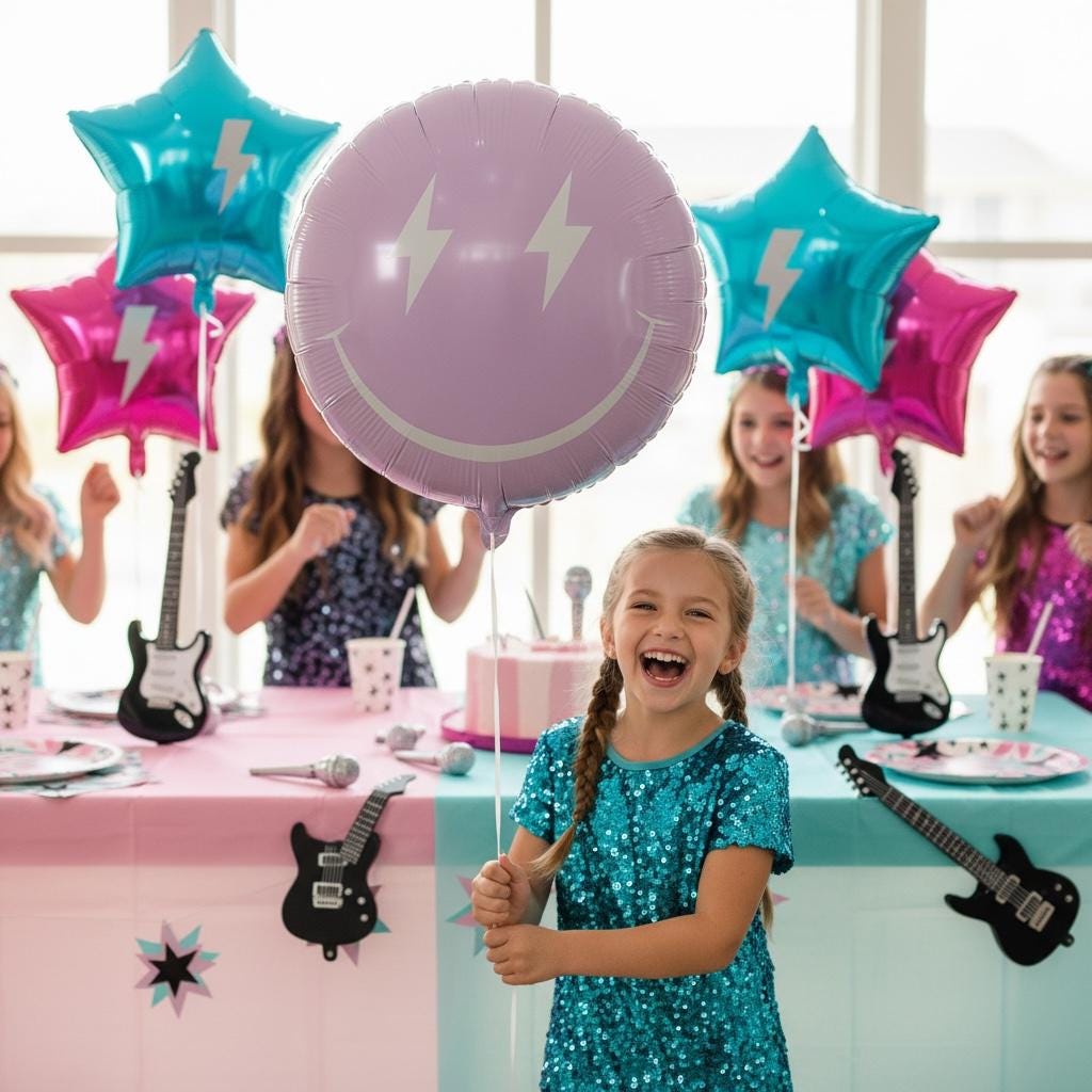 Metallic Lavender Balloon Smiley Design Lightning Bolt Eyes Feature Round Purple Foil Material Party Decoration Supply Birthday Celebration Accessory Photo Prop Background White Face Pattern Curved Smile Detail Eighteen Inch Size Festive