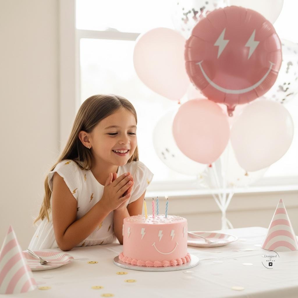 Room Decoration Pink Smiley Balloon Celebration Accessory Retro Design Style Lightning Eyes Detail Happy Face Expression Mylar Material Quality Birthday Party Essential Baby Shower Decoration Gender Reveal Supply Eighteen Inch Size Self